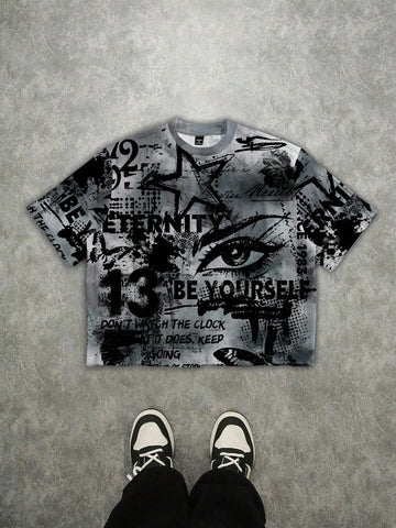 Manfinity ZONE917 Men's Street Style Loose Graffiti Oversized Print Short Sleeve T-Shirt