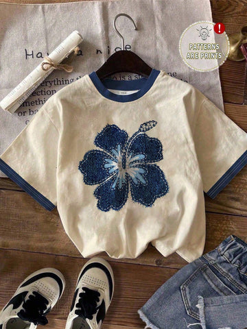 Attitoon Casual Minimalist Blue Floral Pattern Round Neck Short Sleeve Loose Women T-Shirt, Suitable For Summer Hibiscus Shirt Suitable For Going Out