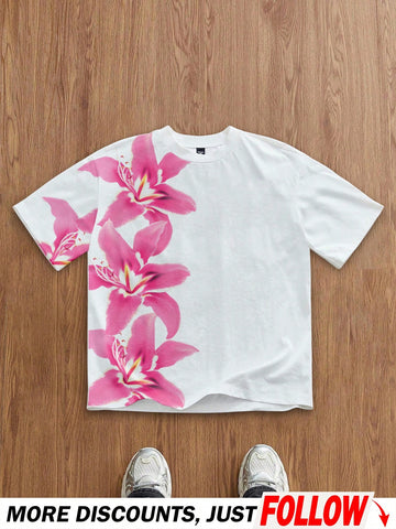 Manfinity Joysei Men's White And Pink Plant & Floral Tie-Dye Digital Print Regular Fit Short Sleeve T-Shirt,Summer,Casual,Streetwear,City Break Graphic Tee Tshirt