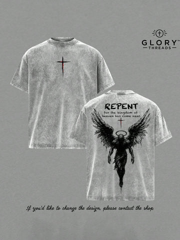 Repent Vintage Washed Oversized ChristianT-Shirt, Angel Wings Faith Graphic Tee,"Kingdom Of Heaven Has Come Near"Gospel Streetwear Top, Heavy Cotton UnisexRetro Worship Shirt