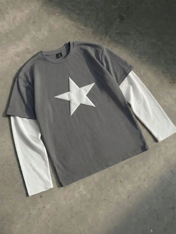 SWAVVY Men's Casual Star Print Round Neck Long Sleeve T-Shirt, Suitable For Spring And Autumn
